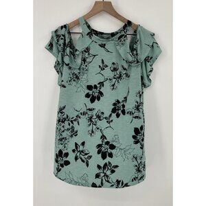 White Birch Cold Shoulder Halter Top Woman Large Green Black Floral Ruffle Sleev